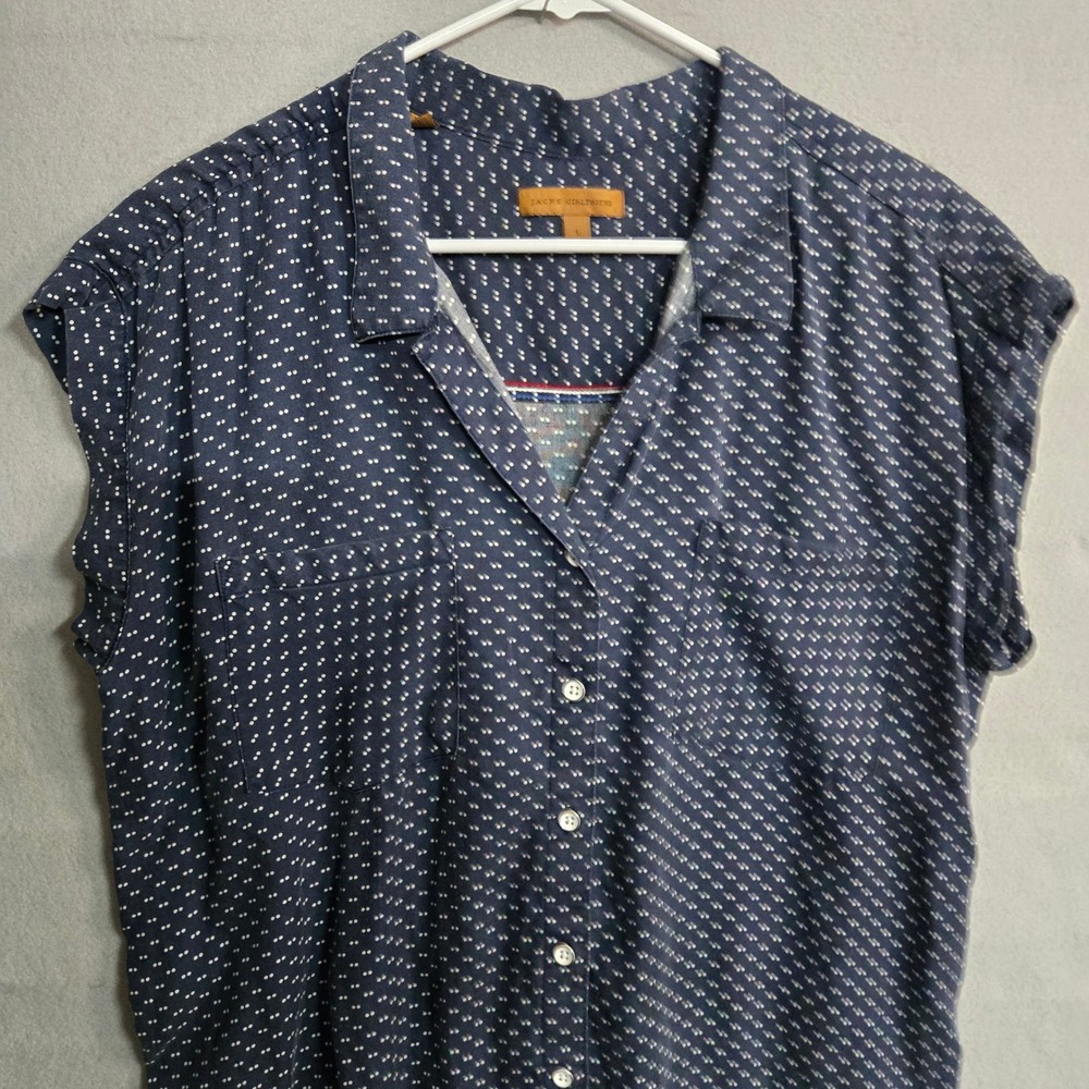 Jachs Girlfriend Navy Blue Polka Dot Tencel Cap Sleeve Button Up Shirt Size L